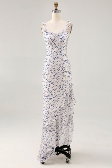 Floral Ruffled Printed Sheath Blue Asymmetrical Wedding Guest Dress